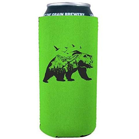 bright green 16oz can koozie with mountain bear graphic design