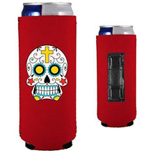 Load image into Gallery viewer, red magnetic slim can koozie with sugar skull graphic design
