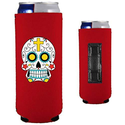 red magnetic slim can koozie with sugar skull graphic design