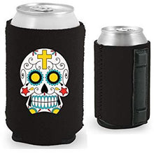 Load image into Gallery viewer, black magnetic can koozie with sugar skull graphic design
