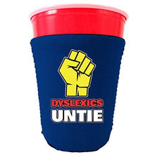 Load image into Gallery viewer, royal blue party cup koozie with dyslexics untie design 
