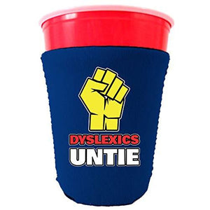 royal blue party cup koozie with dyslexics untie design 