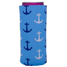 Load image into Gallery viewer, light blue slim can koozie with anchor pattern design
