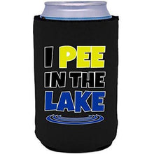 Load image into Gallery viewer, Black can koozie with “I pee in the lake” funny text design
