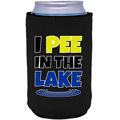 Black can koozie with “I pee in the lake” funny text design