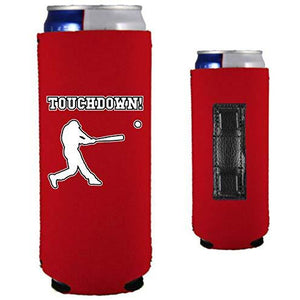 red magnetic slim can koozie with touchdown! (baseball player hitting) funny design