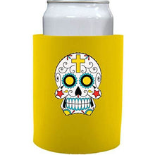 Load image into Gallery viewer, yellow old school thick foam koozie with sugar skull design 
