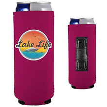 Load image into Gallery viewer, magenta magnetic slim can koozie with lake life boat and sunset design

