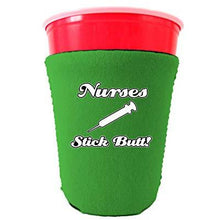 Load image into Gallery viewer, bright green party cup koozie with nurses stick butt design 
