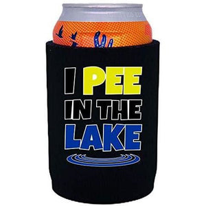 Black thick neoprene can koozie with “I pee in the lake” funny text design