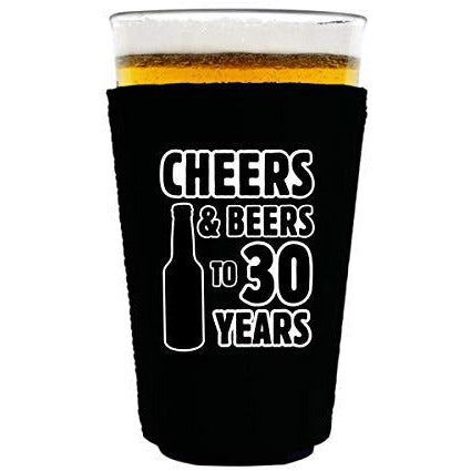 pint glass koozie with cheers and beers design