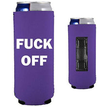 Load image into Gallery viewer, purple magnetic slim can koozie with fuck off text in white
