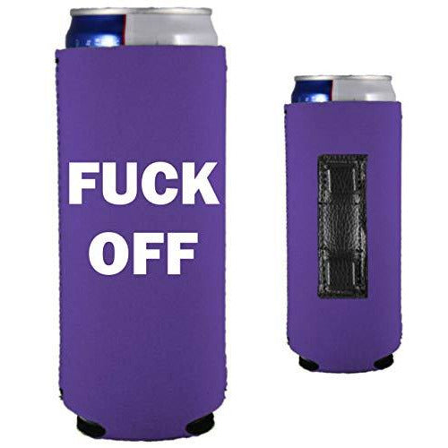 purple magnetic slim can koozie with fuck off text in white