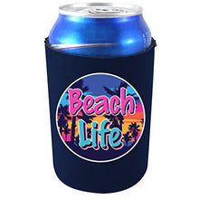 Load image into Gallery viewer, navy blue can koozie with beach life design
