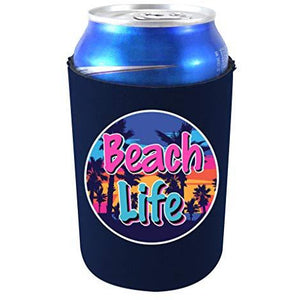 navy blue can koozie with beach life design
