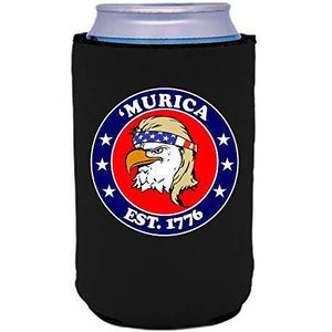 black can koozie with "’Murica 1776" logo and bald eagle mullet funny design