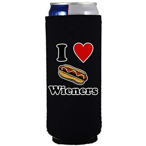 black slim can koozie with "i (heart) wieners" funny text and hot dog graphic design