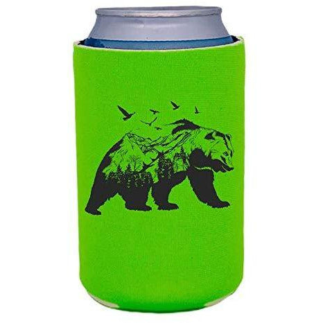 bright green can koozie with mountain bear graphic design