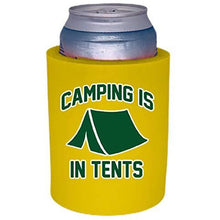 Load image into Gallery viewer, yeah thick foam old school koozie with camping in tents design 
