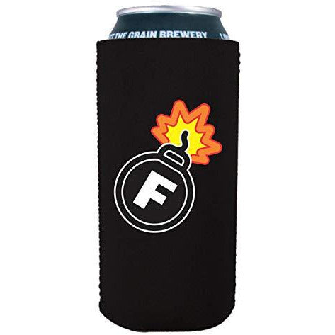 black 16oz tallboy can koozie with f bomb funny design