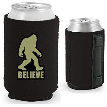 black magnetic can koozie with funny bigfoot believe design