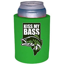 Load image into Gallery viewer, neon green thick foam can koozie with &quot;kiss my bass&quot; funny text and bass fish design
