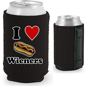 black magnetic can koozie with I (heart) wieners" text and hot dog illustration funny design