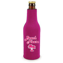 Load image into Gallery viewer, magenta beer bottle koozie with beach please funny design
