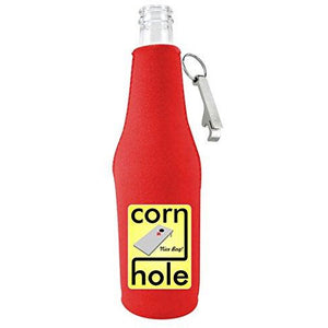 red beer bottle koozie with opener with corn hole design