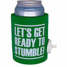 Load image into Gallery viewer, green thick foam can koozie with shotgun beer device and &quot;let&#39;s get ready to stumble&quot; funny text design

