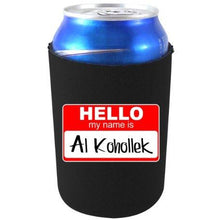 Load image into Gallery viewer, black can koozie with funny &quot;hello my name is al kohollek&quot; design
