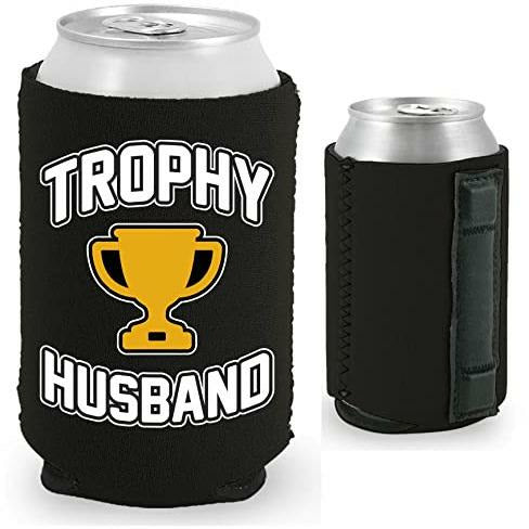 black magnetic can koozie with trophy husband design