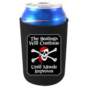 black can koozie with "the beatings will continue until morale improves" text and pirate skully and crossbones design