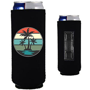 slim magnetic can koozie with retro palm trees design 
