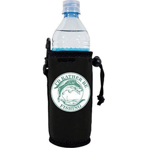 black water bottle koozie with "i'd rather be fishing" text and fish illustration