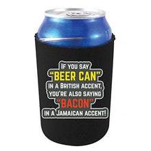 Load image into Gallery viewer, black can koozie with beer can bacon accents funny text design
