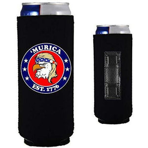 black magnetic slim can koozie with "’Murica 1776" logo and bald eagle mullet funny design