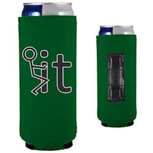 Load image into Gallery viewer, kelly green magnetic slim can koozie with funny fuck it (stick figure) design
