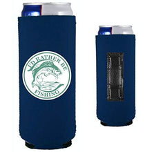 Load image into Gallery viewer, navy blue magnetic slim can koozie with i&#39;d rather be fishing funny design
