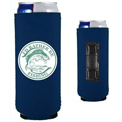 navy blue magnetic slim can koozie with i'd rather be fishing funny design