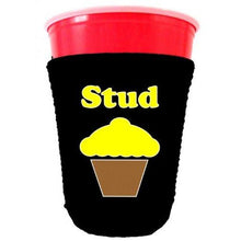 Load image into Gallery viewer, black party cup koozie with stud muffin design 
