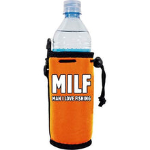 Load image into Gallery viewer, orange water bottle koozie with &quot;MILF man i love fishing&quot; funny text design

