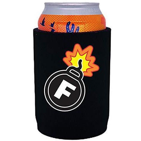 black full bottom can koozie with f bomb funny design