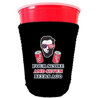 black party cup koozie with four score and seven beers ago design 