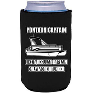 black can koozie with "pontoon captain, like a regular captain only more drunker" funny text design