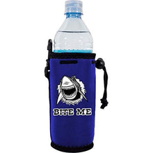 Load image into Gallery viewer, royal blue water bottle koozie with funny &quot;bite me&quot; text and shark graphic
