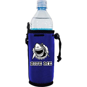 royal blue water bottle koozie with funny "bite me" text and shark graphic