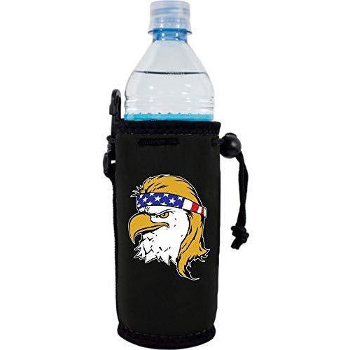 black water bottle koozie with bald eagle with mullet hair funny design