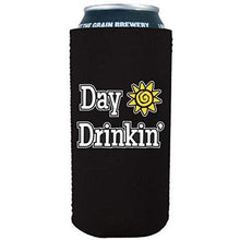 Load image into Gallery viewer, black 16oz can koozie with “day drinkin” funny text design
