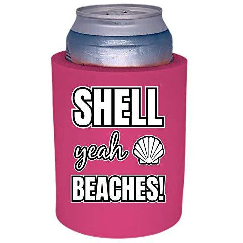 pink old school thick foam koozie with shell yeah beaches! design 